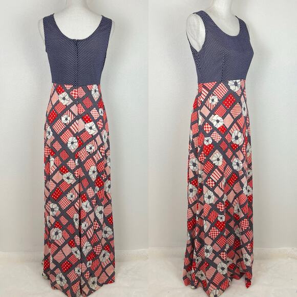 Vintage 70s Maxi Dress Sleeveless Groovy Polka Dot Floral Patchwork Blue Red - Picture 2 of 8